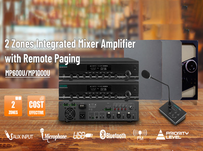 Amplificador misturador integrado de 2 zonas com paginação remota MP600U/MP1000U